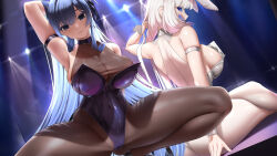 Rule 34 | 2girls, alternate costume, animal ears, arm up, armband, armpits, ass, azur lane, blue eyes, blue hair, bodystocking, braid, breasts, cameltoe, choker, cleavage, collar, commentary, crossed legs, curvy, fouriasensei, from behind, highres, huge breasts, illustrious (azur lane), large breasts, leotard, looking at viewer, looking to the side, multiple girls, naughty face, navel, new jersey (azur lane), new jersey (exhilarating steps!) (azur lane), official alternate costume, pantyhose, playboy bunny, pole, pole dancing, rabbit ears, seductive smile, see-through, see-through cleavage, see-through legwear, sideboob, skin tight, skindentation, smile, spread legs, squatting, stripper, stripper pole, symbol-only commentary, thick thighs, thighs, white hair