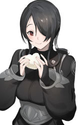 Rule 34 | 1girl, :t, black-haired headhunter (km yama), black hair, bridal gauntlets, fingernails, food, food on face, hands up, highres, holding, holding food, km yama, long hair, long sleeves, one eye covered, original, rice, rice on face, simple background, smile, solo, symbol-only commentary, underbust, upper body, white background