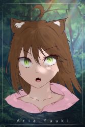 Rule 34 | animal ears, brown hair, cat ears, fang, forest, green eyes, head only, highres, hood, hoodie, looking at viewer, nature, nekomata, non-web source, open mouth, original, pink hoodie, portrait, self-upload, short hair, simple background, solo, surprised, tongue