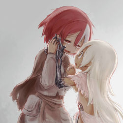 Rule 34 | 2girls, crying, crying with eyes open, dark-skinned female, dark skin, hair between eyes, half-closed eyes, hand on another&#039;s cheek, hand on another&#039;s face, hand on another&#039;s hand, irumyuui, looking at another, made in abyss, multicolored hair, multiple girls, open mouth, pouch, red hair, short hair, smile, streaked hair, tears, teeth, tona o, upper teeth only, vueko, wavy mouth, white hair