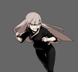 Rule 34 | 1girl, angry, black pants, black shirt, breasts, bright pupils, bruise, clenched hands, clenched teeth, gogalking, green eyes, grey background, grey hair, highres, incoming attack, incoming punch, injury, leaning forward, long hair, looking at viewer, medium breasts, original, pants, punching, shirt, simple background, solo, teeth, white pupils