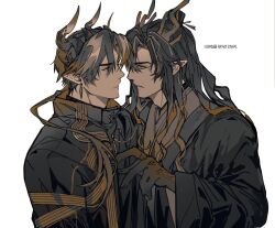Rule 34 | 2boys, antlers, arknights, brothers, brown hair, chinese clothes, chong yue (arknights), coat, commentary request, dragon boy, dragon horns, earrings, hair over shoulder, hand up, highres, horns, incest, jewelry, korean commentary, korean text, long hair, long sleeves, looking at another, low ponytail, male focus, minal10101, multicolored hair, multiple boys, parted lips, pointy ears, red eyes, siblings, simple background, streaked hair, translation request, upper body, white background, wide sleeves, yaoi, yellow eyes, zhi (arknights)