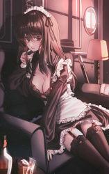 1girl absurdres apron arm_support armchair bad_id bad_pixiv_id black_bra black_dress black_panties black_thighhighs blush bra breasts brown_eyes brown_hair chair cleavage commentary cowboy_shot domi_(hongsung0819) dress finger_to_mouth frilled_apron frilled_dress frills garter_straps hand_up highres huge_filesize indoors jewelry long_hair long_sleeves looking_at_viewer maid maid_headdress medium_breasts on_chair open_clothes open_dress original panties ring sitting solo thighhighs underwear white_apron