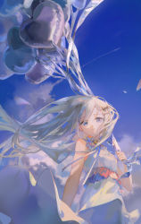 Rule 34 | 1girl, arm at side, balloon, bare shoulders, blue ribbon, blue sky, blue theme, bow, breasts, clothes lift, cloud, commentary request, cowboy shot, day, dress, dress bow, dress lift, eyes visible through hair, floating hair, frilled dress, frills, grey hair, hair bow, hair ornament, hair over one eye, hand up, heart balloon, highres, hlymoriia, holding, holding balloon, long hair, looking at viewer, neck ribbon, outdoors, parted lips, project sekai, ribbon, sky, sleeveless, sleeveless dress, small breasts, solo, white dress, wind, wind lift, x hair ornament, yoisaki kanade