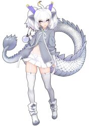 Rule 34 | 1girl, animal ears, boots, bow, bowtie, dragon girl, dragon horns, dragon tail, elbow gloves, extra ears, fingerless gloves, full body, garter straps, gloves, grey hair, horns, ise (0425), kemono friends, kemono friends 3, long hair, looking at viewer, navel, shirt, simple background, skirt, solo, tail, thighhighs, twintails, white dragon (kemono friends), white hair