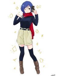 Rule 34 | 1girl, aika granzchesta, andanden, aria (manga), belt, black belt, blue hair, blue shirt, blue thighhighs, blush, boots, brown eyes, brown footwear, closed mouth, eyelashes, full body, hands up, high-waist shorts, highres, holding, holding phone, looking at viewer, official alternate costume, one eye closed, phone, red scarf, scarf, shirt, short hair, shorts, sidelocks, signature, solo, taking picture, thighhighs, white background