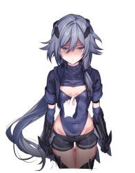 1girl 1other black_gloves blue_hair blue_leotard blue_shorts breasts cleavage closed_mouth commentary_request covered_navel cowboy_shot disembodied_hand fu_hua fu_hua_(shadow_knight) gloves grey_hair hair_between_eyes honkai_(series) honkai_impact_3rd leotard leotard_pull leotard_under_clothes long_hair looking_at_viewer micro_shorts official_alternate_costume shorts simple_background small_breasts takakura_aki thighs white_background white_gloves