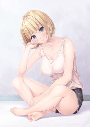 Rule 34 | 1girl, barefoot, blonde hair, blue eyes, blush, breasts, cleavage, collarbone, commentary request, dolphin shorts, full body, hand on own ankle, hand on own cheek, hand on own face, highres, indian style, original, short hair, shorts, sitting, smile, solo, tank top, white tank top, yamakaze ran