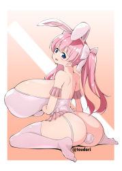 Rule 34 | 1girl, animal ears, ass, bare back, bare shoulders, blue eyes, blush, border, breasts, covered erect nipples, fake animal ears, from behind, full body, garter straps, gradient background, hair ribbon, haramura nodoka, huge breasts, kneeling, leotard, long hair, looking at viewer, looking back, open mouth, pink background, pink hair, pink leotard, pink thighhighs, rabbit ears, ribbon, saki (manga), sitting, smile, soles, solo, spread legs, strapless, thighhighs, toudori, twintails, wariza, white border