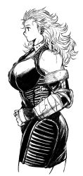 Rule 34 | 1girl, arm wrap, bare shoulders, breasts, closed mouth, collared shirt, cowboy shot, cross, detached sleeves, dorohedoro, dress, earrings, greyscale, highres, inverted cross, jewelry, ki (mxxxx), large breasts, long hair, looking away, monochrome, multiple earrings, necktie, noi (dorohedoro), pencil dress, profile, red eyes, ring, shirt, simple background, solo, spot color, tight clothes