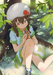 Rule 34 | 1girl, beret, book, braid, branch, brown hair, c:, closed mouth, dress, grass, hair between eyes, hat, highres, holding, holding book, inami hatoko, knee up, leaf, looking at viewer, official art, original, outdoors, red eyes, sailor collar, sailor dress, school uniform, serafuku, shoes, sitting, smile, sneakers, solo, tree, twin braids