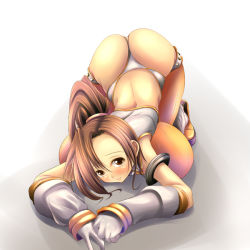Rule 34 | 00s, 1girl, all fours, armband, armlet, ass, ass cutout, back, backboob, blush, breast press, breasts, brown eyes, brown hair, chaps, clothing cutout, detached sleeves, dungeon and fighter, fct, fighter (dungeon and fighter), gloves, huge breasts, panties, ponytail, revealing clothes, sara da pranzo, sdp, sleeveless, solo, thighhighs, thong, top-down bottom-up, underwear, white panties