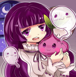 Rule 34 | artist request, blush, cookie run, crying, crying with eyes open, deviantart, dress, long hair, onion cookie, purple eyes, purple hair, stuffed toy, tears