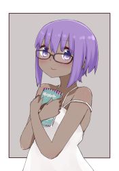 Rule 34 | 1girl, bare arms, bare shoulders, bespectacled, black-framed eyewear, blush, closed mouth, dark-skinned female, dark skin, dress, fate/prototype, fate/prototype: fragments of blue and silver, fate (series), glasses, grey background, hair between eyes, hassan of serenity (fate), i.u.y, hugging object, purple eyes, purple hair, short hair, sidelocks, sleeveless, sleeveless dress, smile, solo, two-tone background, upper body, white background, white dress