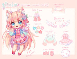 Rule 34 | 1girl, :d, ^^^, animal ears, artist name, bare legs, blue eyes, blue jacket, blunt bangs, blush, borrowed character, cat ears, chibi, commission, dress, english text, flower, full body, hair flower, hair ornament, heart, heart-shaped pupils, horns, hyanna-natsu, jacket, long hair, long sleeves, looking at viewer, open clothes, open jacket, open mouth, orange hair, original, pink dress, rose, round teeth, sleeves past wrists, smile, solo, standing, symbol-shaped pupils, tail, tareme, teeth, very long hair, white flower, white rose, white wings, wings