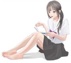 Rule 34 | 1girl, barefoot, black hair, book, feet, highres, long hair, notebook, open mouth, purple eyes, reading, soles, toes