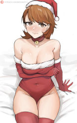 Rule 34 | 1girl, absurdres, alternate costume, arm under breasts, bare shoulders, bell, blush, breasts, brown eyes, brown hair, christmas, closed mouth, collarbone, covered navel, embarrassed, fur-trimmed headwear, fur-trimmed sleeves, fur trim, gloves, hat, highres, jingle bell, large breasts, looking at viewer, medium hair, navel, neck bell, nero watch, nose blush, persona, persona 3, red gloves, red legwear, santa costume, santa gloves, santa hat, sitting, solo, takeba yukari
