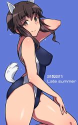 Rule 34 | 1girl, animal ears, blue background, blush, breasts, brown eyes, brown hair, competition swimsuit, dog ears, dog tail, em (totsuzen no hakike), english text, from side, hair between eyes, hand in own hair, hand on own thigh, highleg, highleg swimsuit, looking at viewer, medium breasts, one-piece swimsuit, sidelocks, smile, standing, standing on one leg, swimsuit, tail, takei junko, thighs, white tail, world witches series