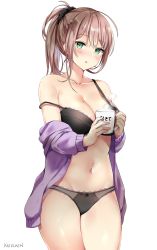 Rule 34 | 1girl, ahoge, artist name, black bra, black legwear, black panties, black scrunchie, blush, bow, bow panties, bra, breasts, brown hair, cleavage, commentary, cowboy shot, cup, green eyes, groin, hair ornament, hair scrunchie, hairclip, high ponytail, highres, holding, holding cup, jacket, kaetzchen, lace, lace-trimmed bra, lace-trimmed panties, lace trim, long hair, looking at viewer, medium breasts, mole, mole on breast, mug, navel, off shoulder, open clothes, open jacket, original, panties, parted lips, partially undressed, ponytail, purple jacket, scrunchie, simple background, solo, steam, strap gap, strap slip, thighs, underwear, white background