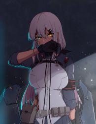 Rule 34 | 1girl, arm up, armband, belt, black gloves, black skirt, blood, blood on face, breasts, covering own mouth, girls&#039; frontline, gloves, glowing, glowing eyes, hair between eyes, hair ornament, hairclip, large breasts, long hair, looking at viewer, m590 (girls&#039; frontline), pleated skirt, shade, shield module, sidelocks, skirt, solo, torn clothes, upper body, utility belt, white hair, xiujia yihuizi, yellow eyes