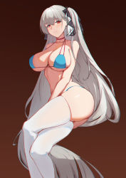 Rule 34 | 1girl, absurdly long hair, ass, azur lane, bikini, black ribbon, blue bikini, breasts, brown background, choker, chromatic aberration, fendai, formidable (azur lane), formidable (the lady of the beach) (azur lane), hair ribbon, highres, large breasts, long hair, looking at viewer, multi-strapped bikini top, official alternate costume, pink choker, red eyes, ribbon, simple background, skindentation, solo, swimsuit, thighhighs, twintails, very long hair, white thighhighs