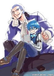 Rule 34 | 2boys, alexandre dumas (fate), blue eyes, blue hair, coat, fate/extra, fate/extra ccc, fate/strange fake, fate (series), glasses, hans christian andersen (fate), multiple boys, open mouth, pants, red eyes, scarf, shoes, short hair, shorts