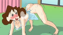 Rule 34 | 1girl, apron, ass, breasts, breath, crayon shin-chan, female focus, highres, mature female, motion lines, naked apron, nohara misae, shimofuritei, small breasts, solo, trembling