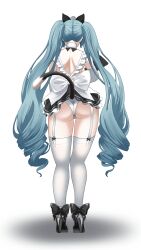 Rule 34 | 1girl, absurdres, animal ears, apron, ass, black dress, blue hair, cat ears, cat tail, dress, drill hair, elbow gloves, fake animal ears, fake tail, from behind, full body, gloves, goddess of victory: nikke, high heels, highres, kuremon, legwear garter, light blue hair, long hair, maid, maid headdress, neck bell, official alternate costume, panties, paw hair ornament, privaty (nikke), privaty (unkind maid) (nikke), simple background, solo, tail, thighhighs, twin drills, twintails, underwear, very long hair, white apron, white background, white gloves, white panties, white thighhighs