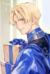 Rule 34 | 1boy, blonde hair, blue cloak, blue eyes, blue ribbon, box, cloak, dimitri alexandre blaiddyd, fire emblem, fire emblem: three houses, gift, gift box, hair between eyes, high collar, highres, holding, holding gift, kin mokusei, looking at viewer, looking back, male focus, nintendo, parted bangs, parted lips, ribbon, short hair, smile, solo, teeth, upper body