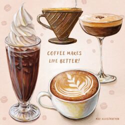 Rule 34 | brown theme, cocktail glass, coffee, coffee beans, coffee mug, commentary request, cream, cup, drink, drinking glass, english text, foam, food, food focus, glass, may illust5, mug, no humans, original, realistic, whipped cream