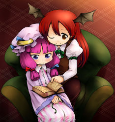 Rule 34 | 2girls, 33kudo, :&gt;, :&lt;, aged down, armband, armchair, bat wings, bbb (33kudo), blue eyes, blunt bangs, blush, book, bookshelf, bow, bowtie, buttons, chair, child, crescent, dress, dress shirt, embodiment of scarlet devil, female focus, hair ornament, hair ribbon, hairpin, hat, head wings, highres, koakuma, long sleeves, multiple girls, one eye closed, open book, orange eyes, patchouli knowledge, pink hair, purple hair, reading, red hair, ribbon, shirt, sidelocks, sitting, skirt, smile, striped clothes, striped dress, touhou, v arms, vest, wide sleeves, wings, wink