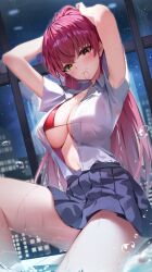 Rule 34 | 1girl, alternate costume, bikini, bikini under clothes, black skirt, blush, breasts, cleavage, hair between eyes, hair tie in mouth, heterochromia, highres, hololive, houshou marine, indoors, large breasts, long hair, looking at viewer, mouth hold, navel, night, night sky, pleated skirt, ponytail, red bikini, red eyes, red hair, shirt, short sleeves, shuvi (shuvi1125), skirt, sky, solo, swimsuit, thighs, tying hair, virtual youtuber, wet, wet clothes, white shirt, yellow eyes