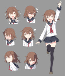Rule 34 | 1girl, anchor symbol, bad id, bad pixiv id, black thighhighs, brown hair, cnm, expressions, fang, hair ornament, hairclip, ikazuchi (kancolle), kantai collection, open mouth, school uniform, serafuku, short hair, simple background, solo, thighhighs