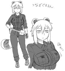 Rule 34 | 1girl, animal ears, araiguma-san, bad id, bad pixiv id, belt, belt pouch, boots, breasts, expressionless, fingerless gloves, gloves, greyscale, huge breasts, monochrome, original, pants, pouch, raccoon ears, raccoon tail, shirt, short hair, simple background, sleeves rolled up, solo, tail, tsukudani (coke-buta), uniform