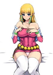 Rule 34 | 1girl, aged up, bare shoulders, blonde hair, blue eyes, blunt bangs, bracelet, breasts, cleavage, covered navel, dress, hair ribbon, hands on own chest, ishimiso (ishimura), jewelry, knees together feet apart, large breasts, long hair, microdress, nintendo, panties, pantyshot, pink panties, pointy ears, princess zelda, ribbon, sidelocks, sitting, smile, solo, the legend of zelda, the legend of zelda: skyward sword, thighhighs, thighs, underwear, white background, white thighhighs