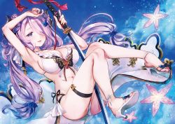 Rule 34 | 10s, 1girl, arm up, armpits, between breasts, between legs, bikini, blue background, blue eyes, braid, breasts, butterfly ornament, cloud, double bun, draph, floating, floating hair, frills, full body, granblue fantasy, hair ornament, hair over one eye, high heels, holding, holding sword, holding weapon, horns, katana, large breasts, light particles, light purple hair, long hair, looking at viewer, midair, namanie, narmaya (granblue fantasy), narmaya (summer) (granblue fantasy), navel, one eye covered, parted lips, pointy ears, purple hair, red ribbon, ribbon, shoes, side-tie bikini bottom, smile, solo, stomach, swimsuit, sword, thigh strap, twin braids, unsheathed, weapon, white bikini, white footwear