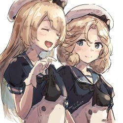 Rule 34 | 2girls, aruka, black neckerchief, blonde hair, blue eyes, blue sailor collar, commentary request, dated, dress, gloves, hat, janus (kancolle), jervis (kancolle), kantai collection, long hair, multiple girls, neckerchief, one-hour drawing challenge, parted bangs, sailor collar, sailor dress, sailor hat, short hair, smile, twitter username, upper body, white gloves, white headwear