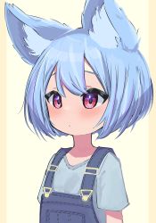 Rule 34 | 1girl, absurdres, animal ear fluff, animal ears, blouse, blue hair, blue shirt, blush, dungarees, hair between eyes, highres, myakuro, original, portrait, red eyes, shirt, short hair, short sleeves, simple background, solo, two-tone background, upper body, yellow background