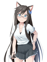 Rule 34 | 1girl, absurdres, aina (mao lian), animal ear fluff, animal ears, black-framed eyewear, black bra, blue eyes, bra, bra peek, breasts, brown hair, butterfly hair ornament, can, canned coffee, cat ears, cat tail, cleavage, closed mouth, drink can, glasses, grey skirt, hair ornament, head tilt, highres, holding, large breasts, long hair, looking at viewer, mao lian (nekokao), miniskirt, original, pleated skirt, shirt, short sleeves, simple background, skirt, solo, standing, tail, underwear, very long hair, white background, white shirt, wristband