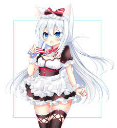 Rule 34 | 1girl, :o, american flag, american flag print, animal ear fluff, animal ears, apron, azur lane, bad id, bad pixiv id, black dress, black thighhighs, blue eyes, blush, bow, breasts, cat ears, dress, flag print, frilled apron, frilled dress, frills, hair between eyes, hair bow, hammann (azur lane), holding, long hair, open mouth, print neckwear, puffy short sleeves, puffy sleeves, red bow, shikito (yawa0w0), short sleeves, silver hair, small breasts, solo, standing, thighhighs, v-shaped eyebrows, very long hair, waist apron, white apron, white background, wrist cuffs