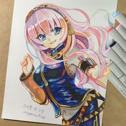 Rule 34 | 1girl, art tools in frame, belt, black shirt, blue eyes, breasts, covered navel, cowboy shot, dated, detached sleeves, headphones, highres, long hair, marker (medium), medium breasts, megurine luka, mojacookie, parted lips, photo (medium), pink hair, shirt, signature, simple background, sleeveless, sleeveless shirt, smile, solo, traditional media, vocaloid, white background