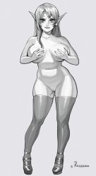 Rule 34 | 1girl, breasts, contrapposto, covering breasts, covering privates, earrings, full body, grey background, greyscale, highres, jewelry, large breasts, looking at viewer, monochrome, navel, nude, original, pointy ears, pussy, roxxxan, sagging breasts, seductive smile, shoes, signature, simple background, smile, solo, thighhighs