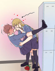Rule 34 | 2girls, assertive female, black skirt, black socks, blonde hair, blue eyes, blush, brown hair, curryuku, ear blush, flower, full-face blush, hand on another&#039;s mouth, hands on another&#039;s face, hanna schulerin, heart, holding another&#039;s wrist, kneehighs, leaning forward, leg up, locker, looking at another, multiple girls, not so shoujo love story, rei (not so shoujo love story), rejected kiss, school uniform, skirt, socks, standing, sweat, thighhighs, yuri, zettai ryouiki