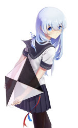 Rule 34 | 1girl, alternate costume, arms behind back, black pantyhose, blue eyes, blue hair, blue skirt, closed mouth, from side, guam (warship girls r), hair between eyes, hair ornament, highres, holding, holding kite, kite, light smile, long hair, looking away, looking to the side, out of character, pantyhose, pleated skirt, school uniform, serafuku, shirt, short sleeves, skirt, solo, standing, turning head, two-handed, warship girls r, white background, white shirt, yilei