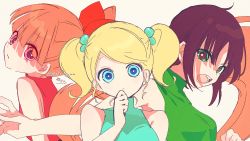 Rule 34 | 3girls, :&lt;, bare arms, bare shoulders, blonde hair, blossom (ppg), blue dress, blue eyes, bow, breasts, brown hair, bubbles (ppg), buttercup (ppg), closed mouth, commentary request, dress, green dress, green eyes, hair bow, hand up, highres, looking at viewer, looking to the side, multiple girls, open mouth, pink eyes, ponytail, powerpuff girls, red bow, red dress, signature, simple background, sleeveless, sleeveless dress, small breasts, sofra, swept bangs, twintails, twitter username, upper body, white background