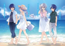 Rule 34 | :d, bags under eyes, barefoot, beach, blue eyes, blue hair, braid, closed eyes, cloud, date a live, day, dress, highres, holding hands, itsuka shidou, mother and son, murasame reine, novel illustration, official art, open mouth, scan, short hair, short sleeves, side ponytail, smile, sundress, takamiya mio, time paradox, tsunako, walking, white dress, white hair