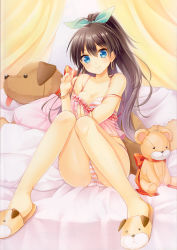 Rule 34 | 1girl, absurdres, black hair, blue eyes, blush, breasts, camisole, cleavage, courreges ace, dog slippers, earrings, ganaha hibiki, highres, hoop earrings, idolmaster, idolmaster (classic), jewelry, long hair, looking at viewer, no socks, off shoulder, panties, ponytail, scan, see-through, shiny skin, slippers, smile, solo, strap slip, striped clothes, striped panties, stuffed animal, stuffed dog, stuffed toy, teddy bear, underwear