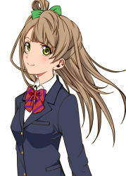 Rule 34 | 10s, 1girl, blazer, bow, bowtie, brown hair, from side, green bow, hair bow, jacket, long hair, long sleeves, looking at viewer, love live!, love live! school idol project, minami kotori, nishiuri warito, one side up, red bow, red bowtie, school uniform, simple background, smile, solo, striped bow, striped bowtie, striped clothes, striped neckwear, upper body, white background, yellow eyes