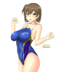 Rule 34 | 1girl, blue one-piece swimsuit, breasts, brown eyes, brown hair, commentary request, competition swimsuit, cowboy shot, dated, highleg, highleg swimsuit, highres, hiryuu (kancolle), impossible clothes, impossible swimsuit, kantai collection, large breasts, looking at viewer, montemasa, one-hour drawing challenge, one-piece swimsuit, one side up, short hair, simple background, solo, swimsuit, twitter username, white background