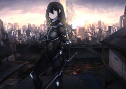 Rule 34 | 1girl, absurdres, black hair, bodysuit, building, cityscape, copyright request, fixro2n, frown, grey eyes, hair between eyes, highres, holding, holding sword, holding weapon, house, huge filesize, long hair, looking at viewer, official art, pale skin, power suit, rooftop, science fiction, skin tight, skyscraper, sun glare, sword, weapon
